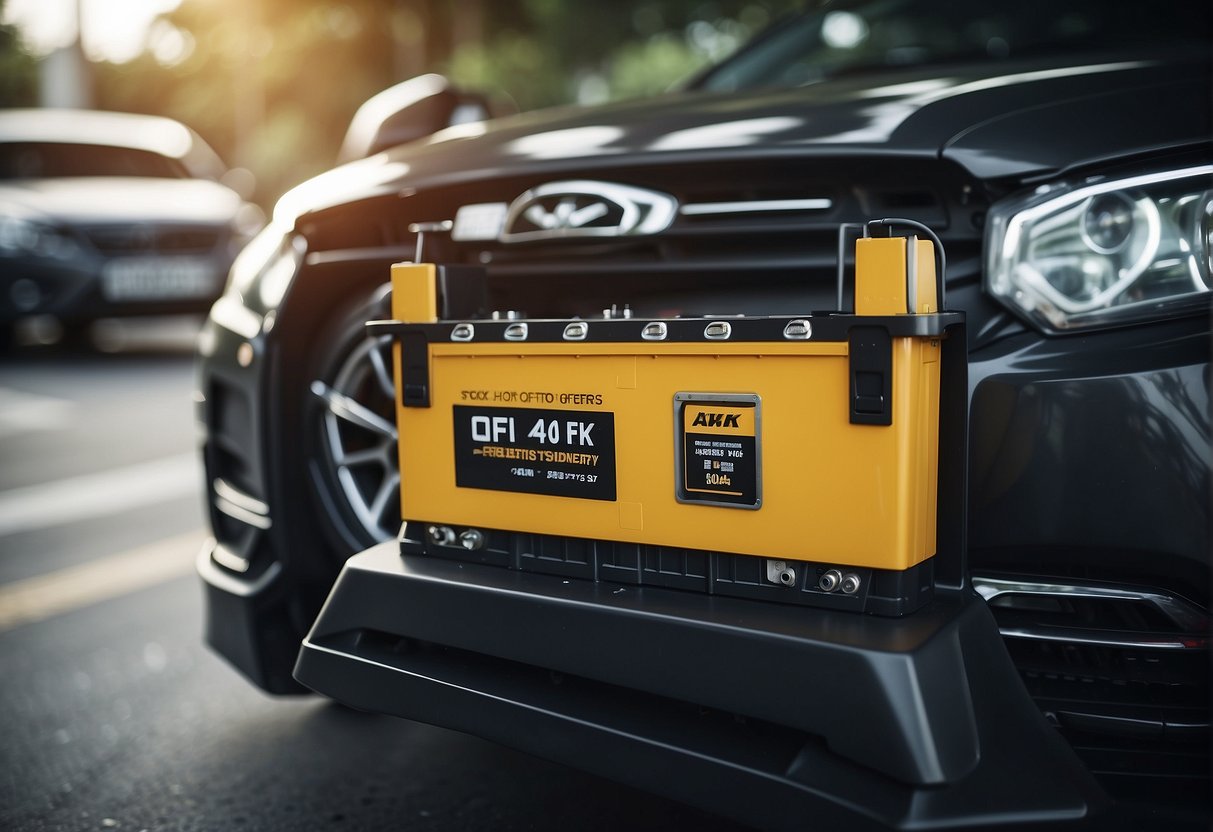 A car battery being installed with a promotional sign in Singapore
