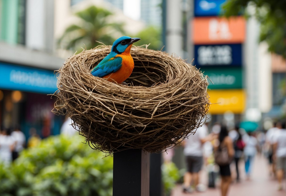 A colorful bird's nest sits atop a sign promoting various categories in Singapore. Bright and inviting, the scene exudes a sense of excitement and discovery
