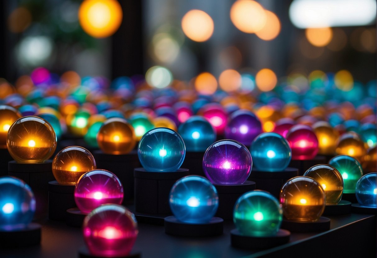 A dazzling array of colorful spherical lenses on display with promotional signs and banners in a vibrant Singaporean setting