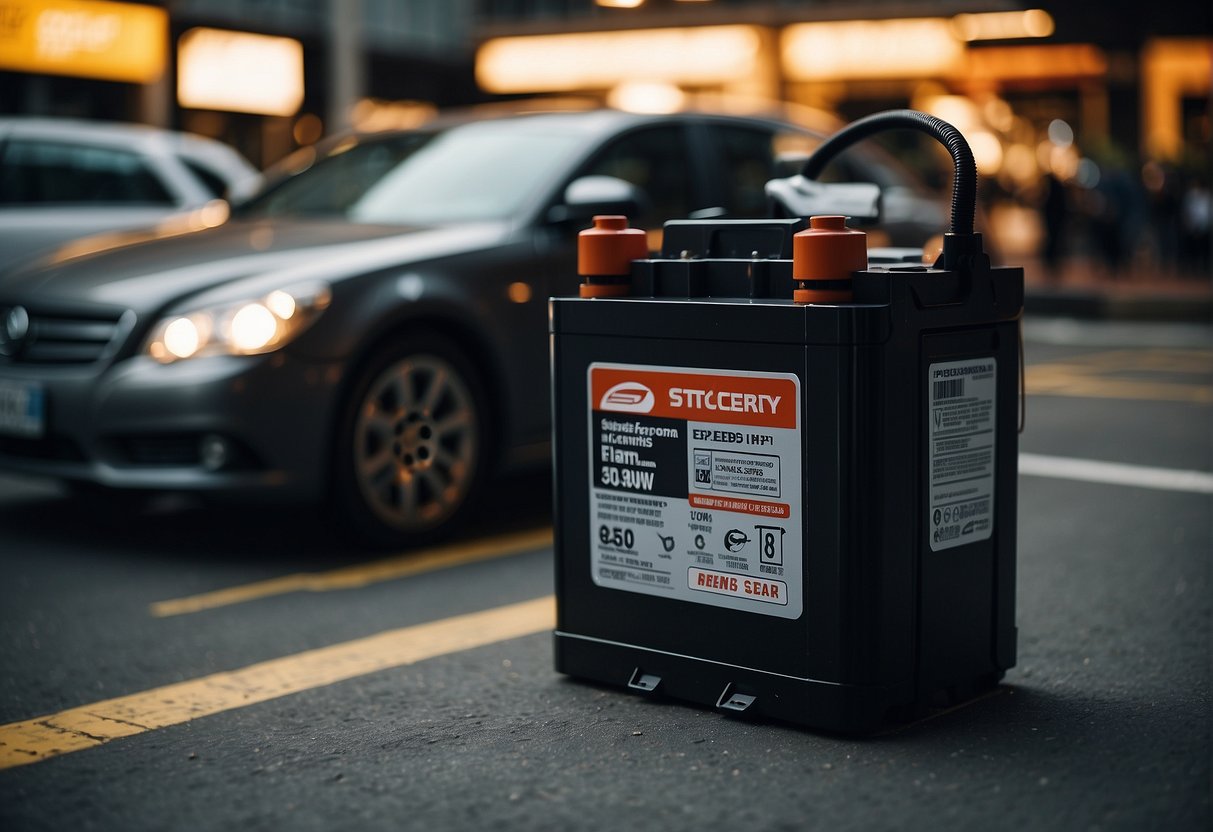 A car battery surrounded by promotional signs and logos in Singapore