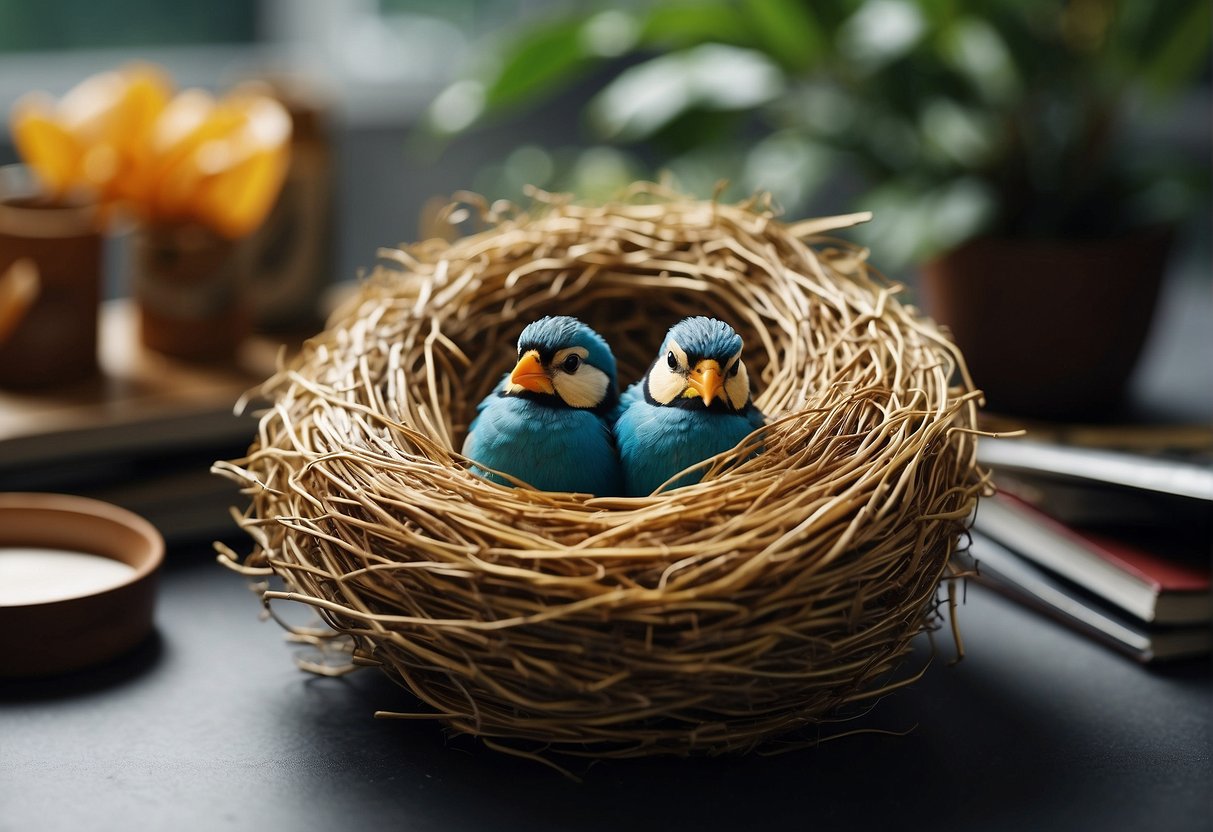 A colorful bird's nest surrounded by promotional materials in a Singapore setting