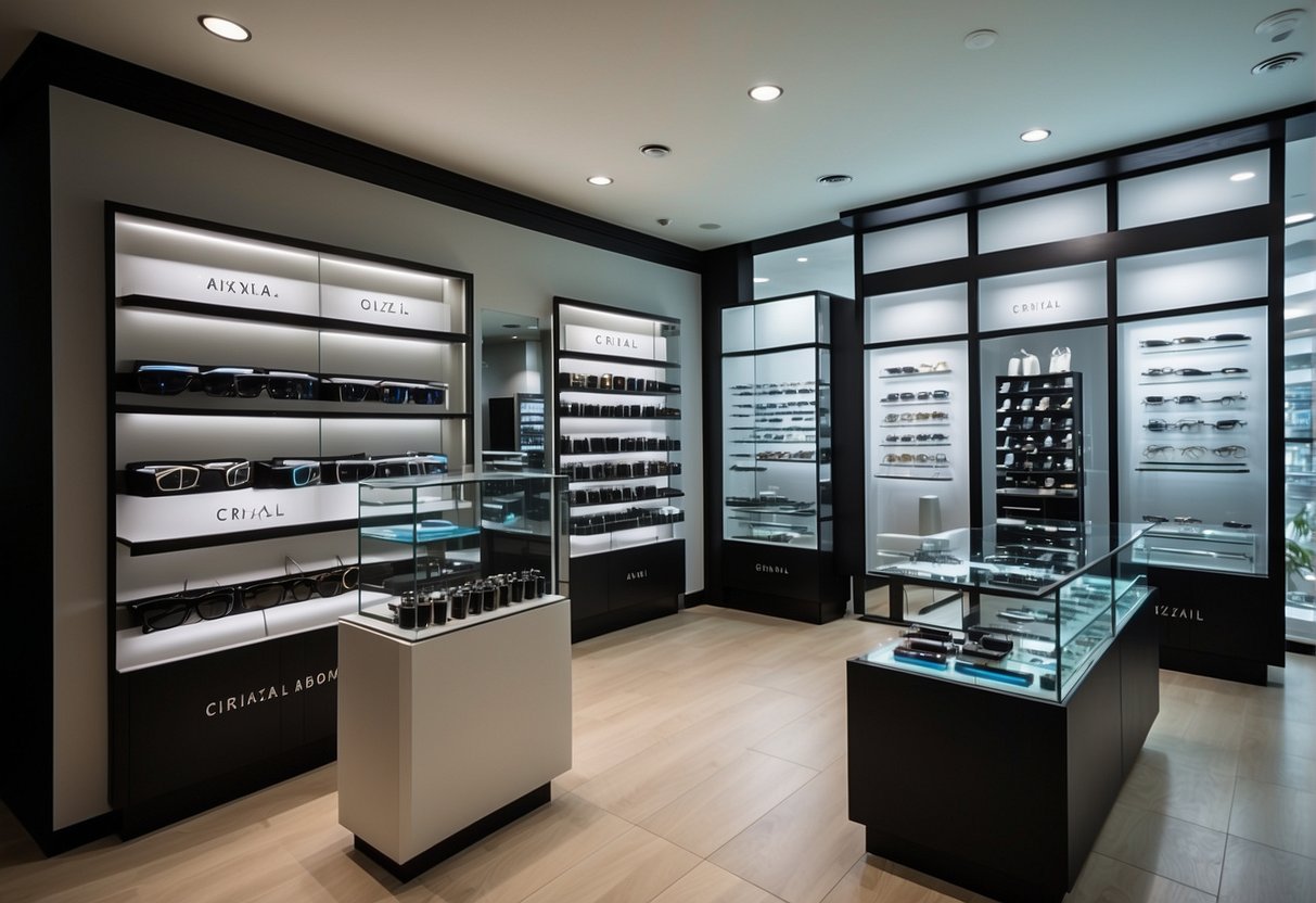 A pair of glasses with Crizal lenses is displayed prominently in a sleek and modern optical store in Singapore. The store is well-lit and features a clean and minimalist design, with the promotional signage for Axial Alignment visible