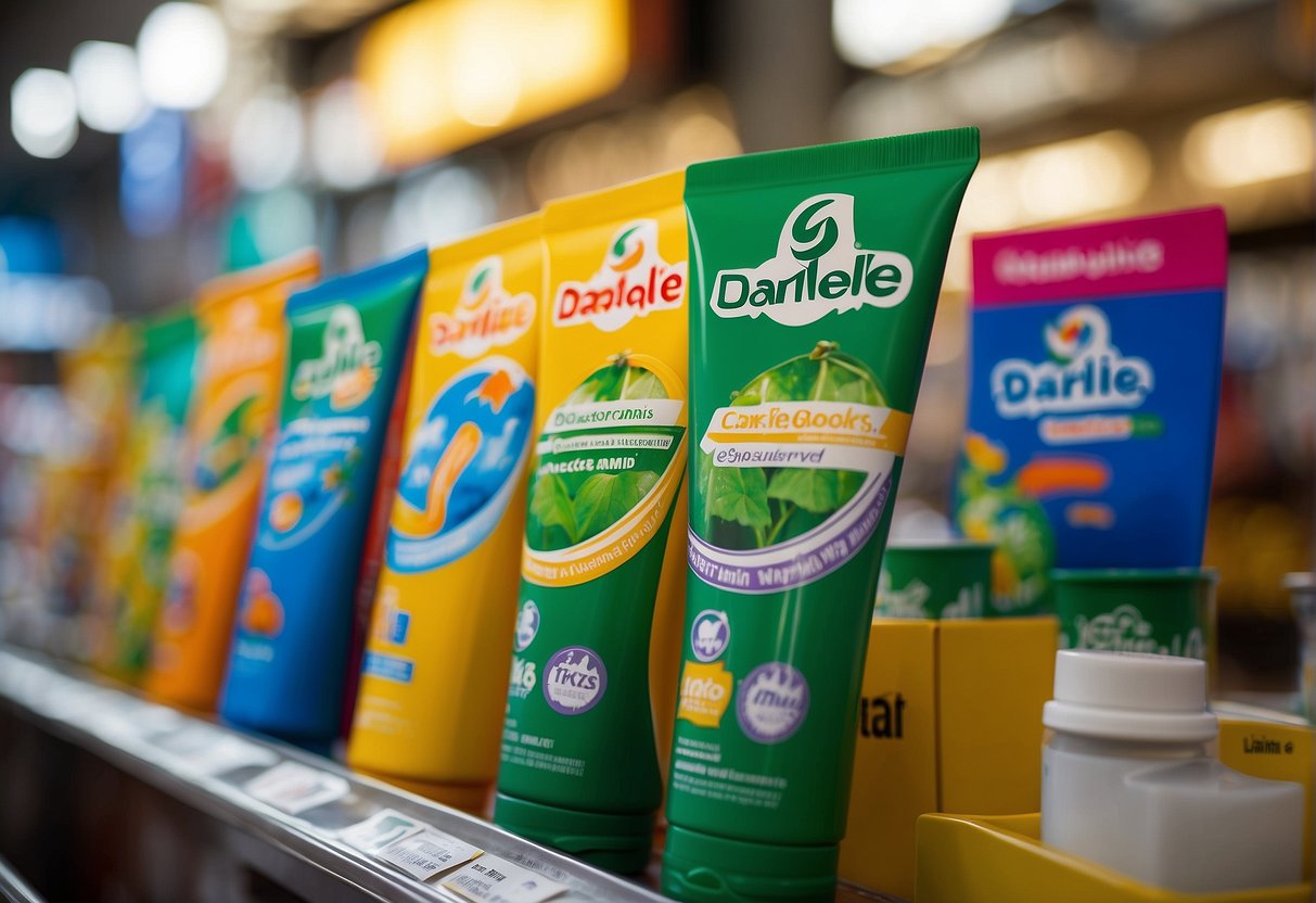 A vibrant display of Darlie toothpaste in a bustling Singaporean market, with colorful banners and enthusiastic promotional signs