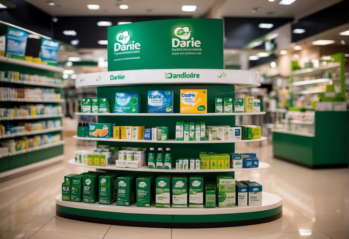 A display of Darlie toothpaste products with 2024 promotions in a Singaporean dental care store
