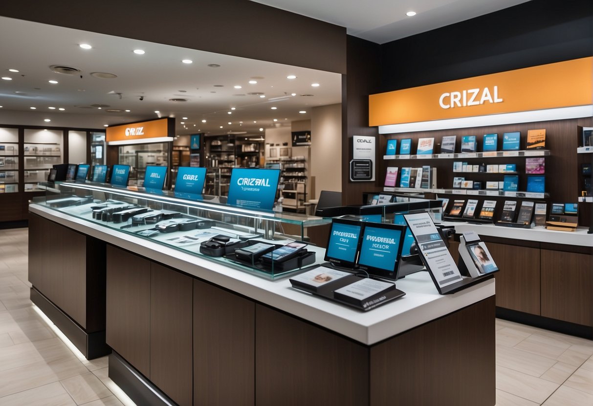 A display of Crizal lens promotions in a Singaporean optometry shop, with brochures and signage highlighting the benefits of the product