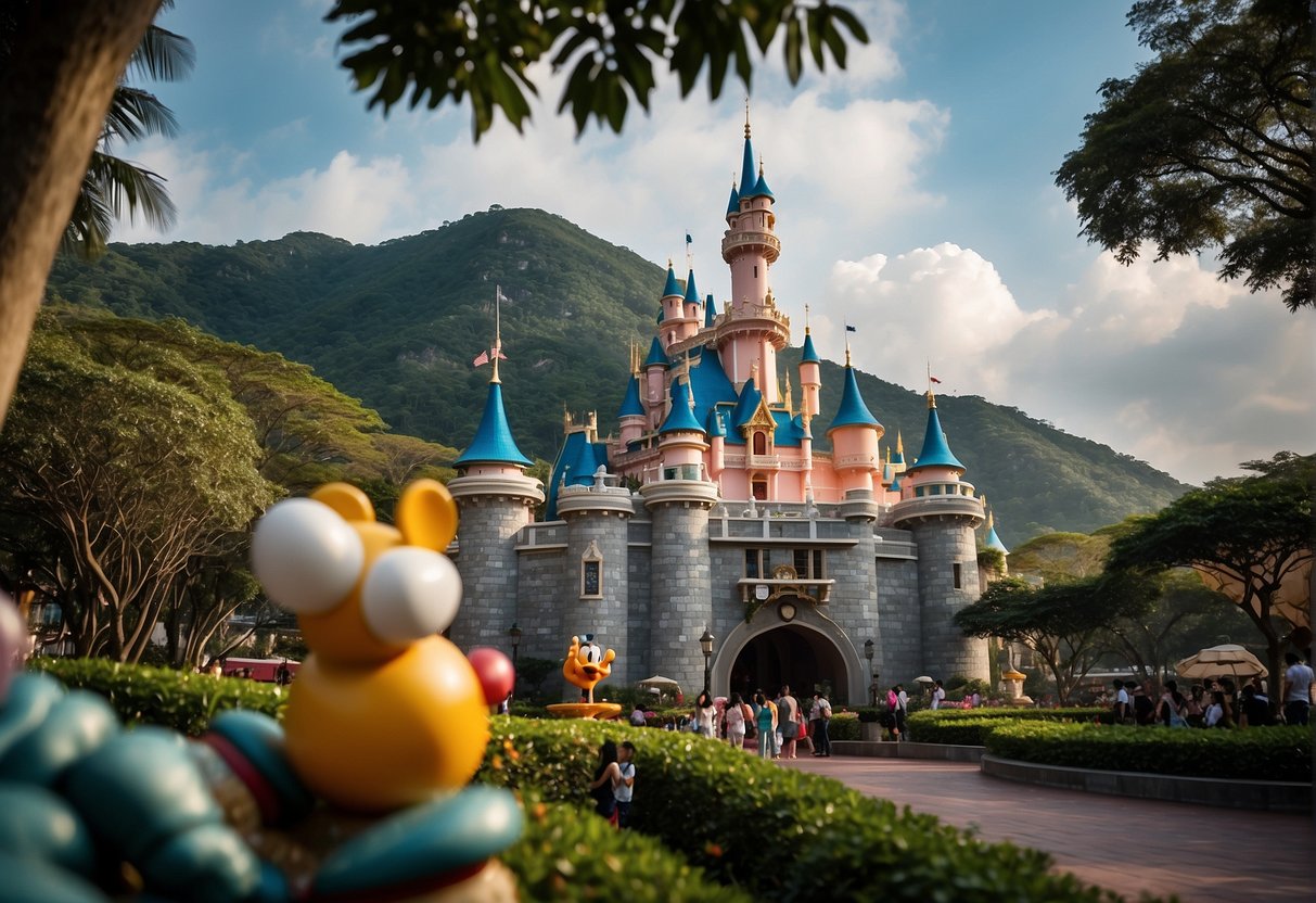 The Disney hotel in Hong Kong, with its iconic castle and colorful characters, is being promoted in Singapore with vibrant banners and excited families
