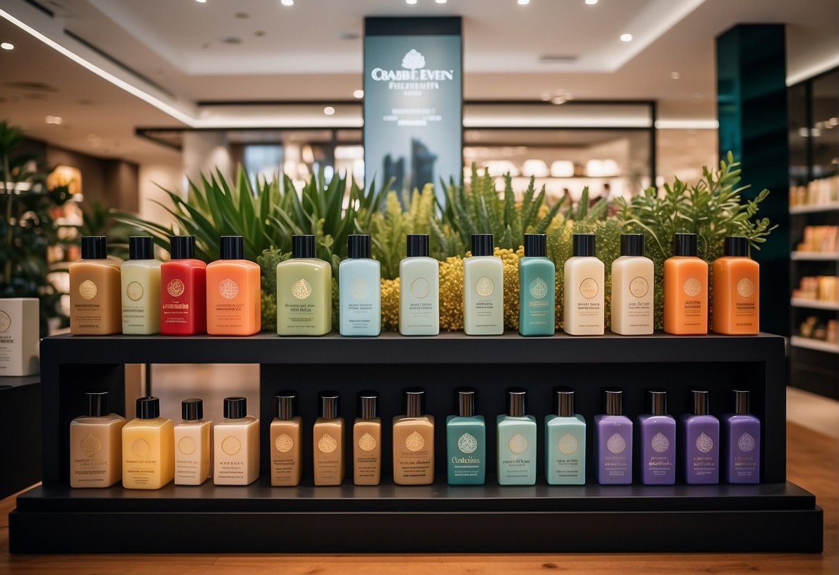 A vibrant display of Crabtree and Evelyn products at a bustling Singapore promotion