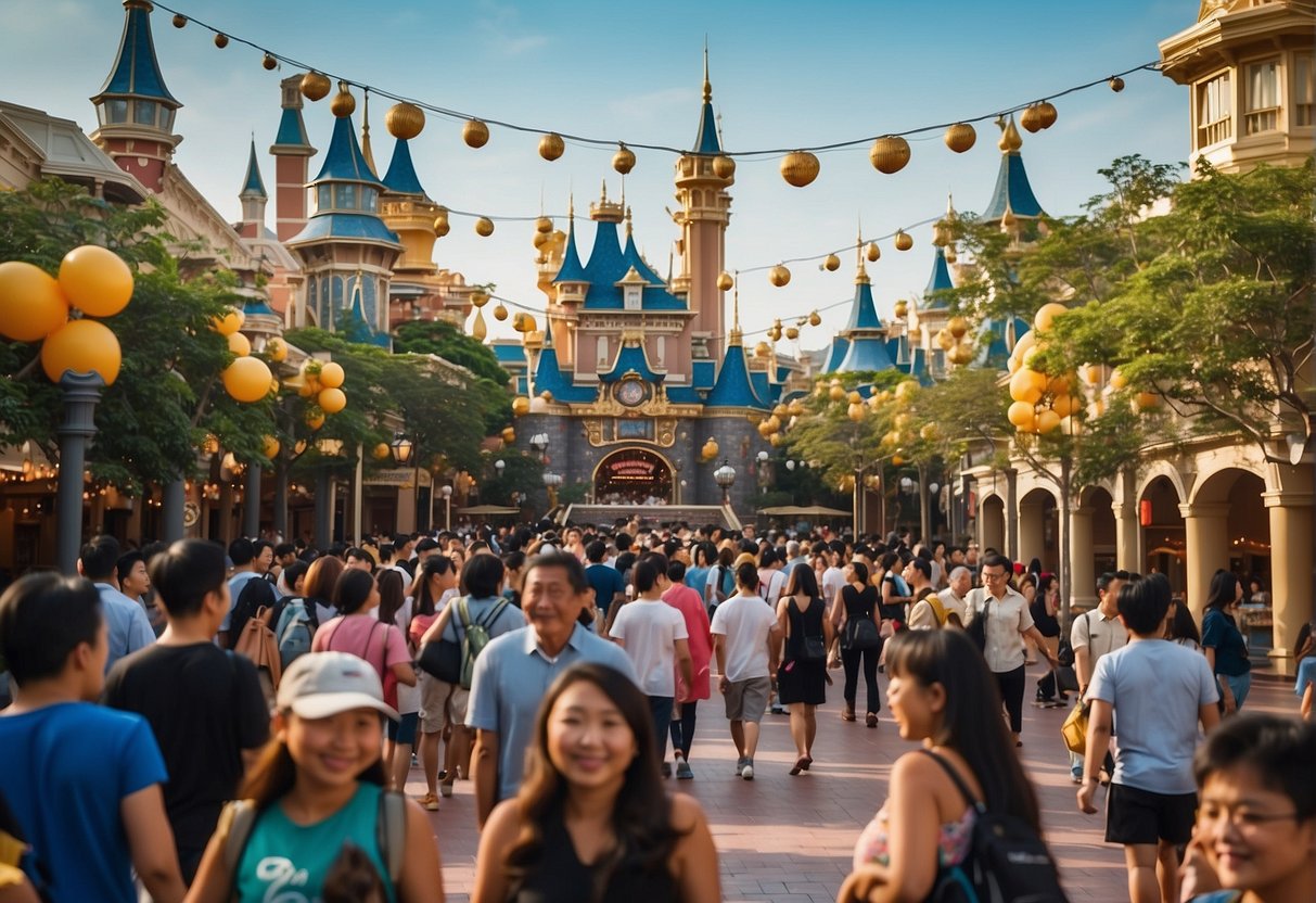 The bustling streets of Hong Kong Disneyland Resort showcase the latest 2024 promotions, with colorful banners and excited guests