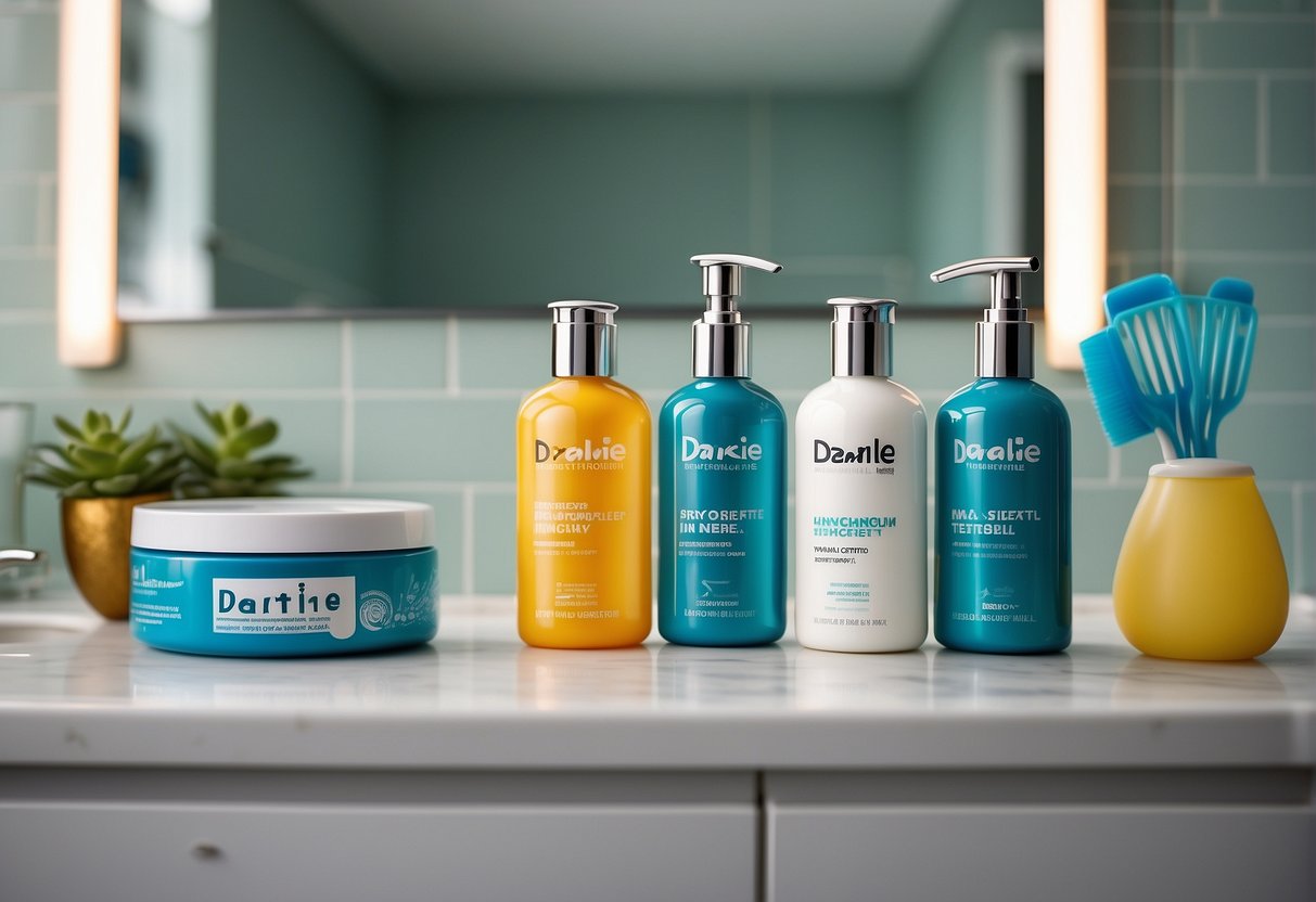 A bright, modern bathroom counter with a tube of Darlie toothpaste front and center, surrounded by other dental products. Bright lighting highlights the brand logo and promotional savings message