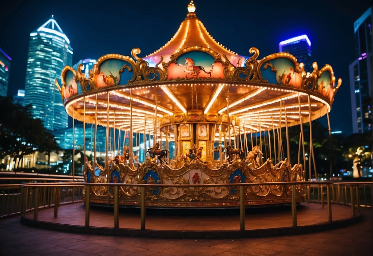A vibrant carousel adorned with colorful lights and intricate designs, set against the backdrop of the bustling cityscape of Singapore