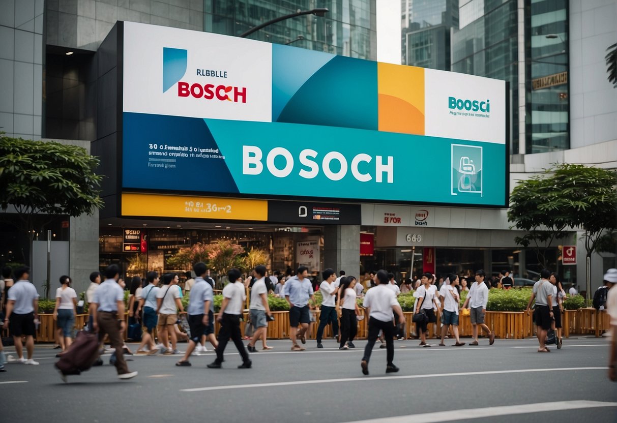 A bustling city street in Singapore with colorful banners and signs promoting Bosch products