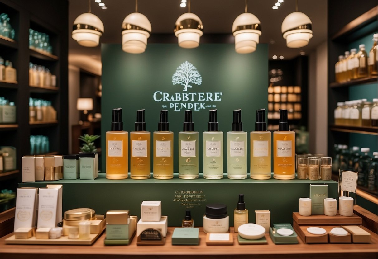 A display of Crabtree and Evelyn promotions in Singapore, featuring various products and signage