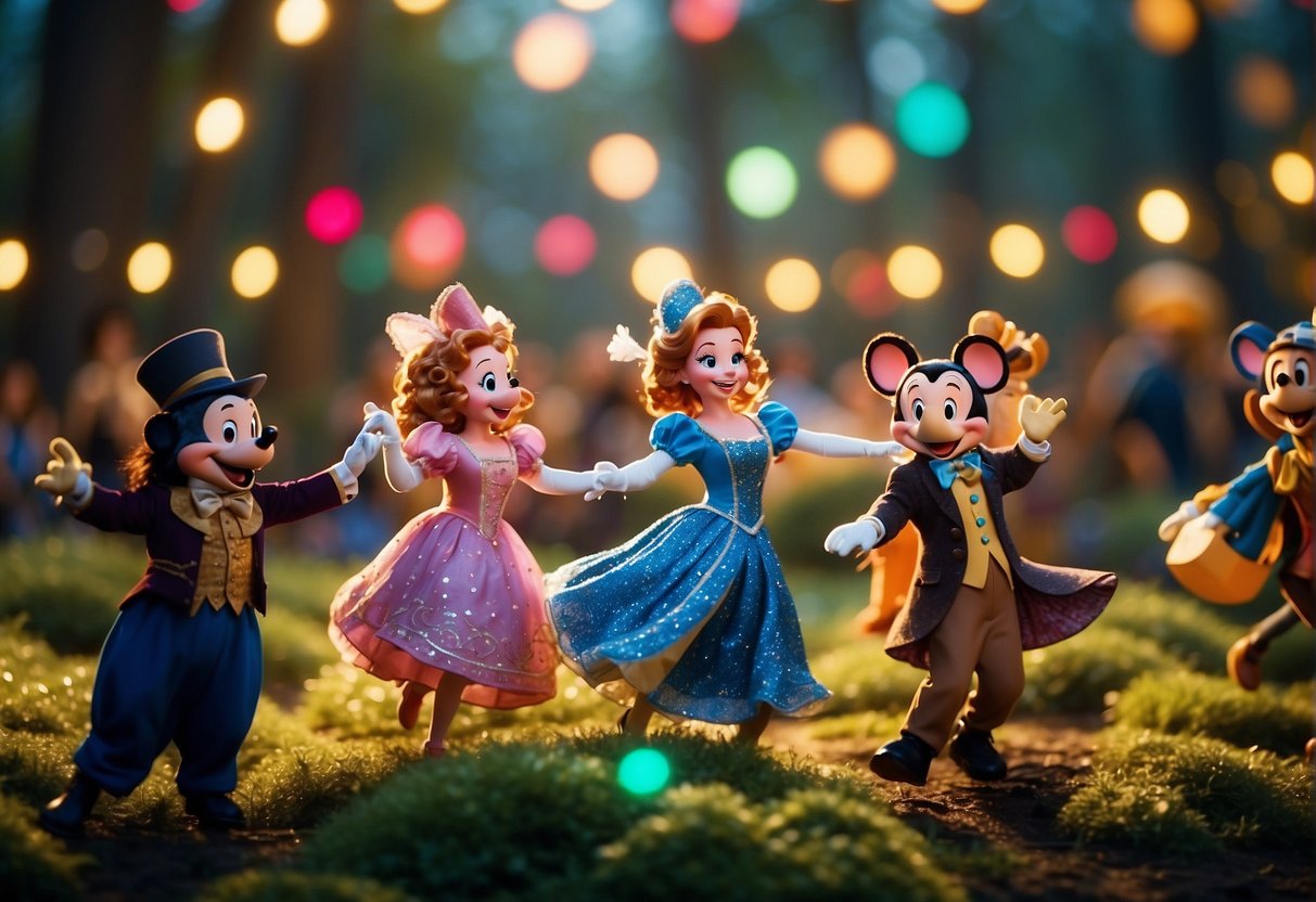 A colorful parade of Disney characters dances through a whimsical, enchanted forest, surrounded by sparkling lights and joyful music