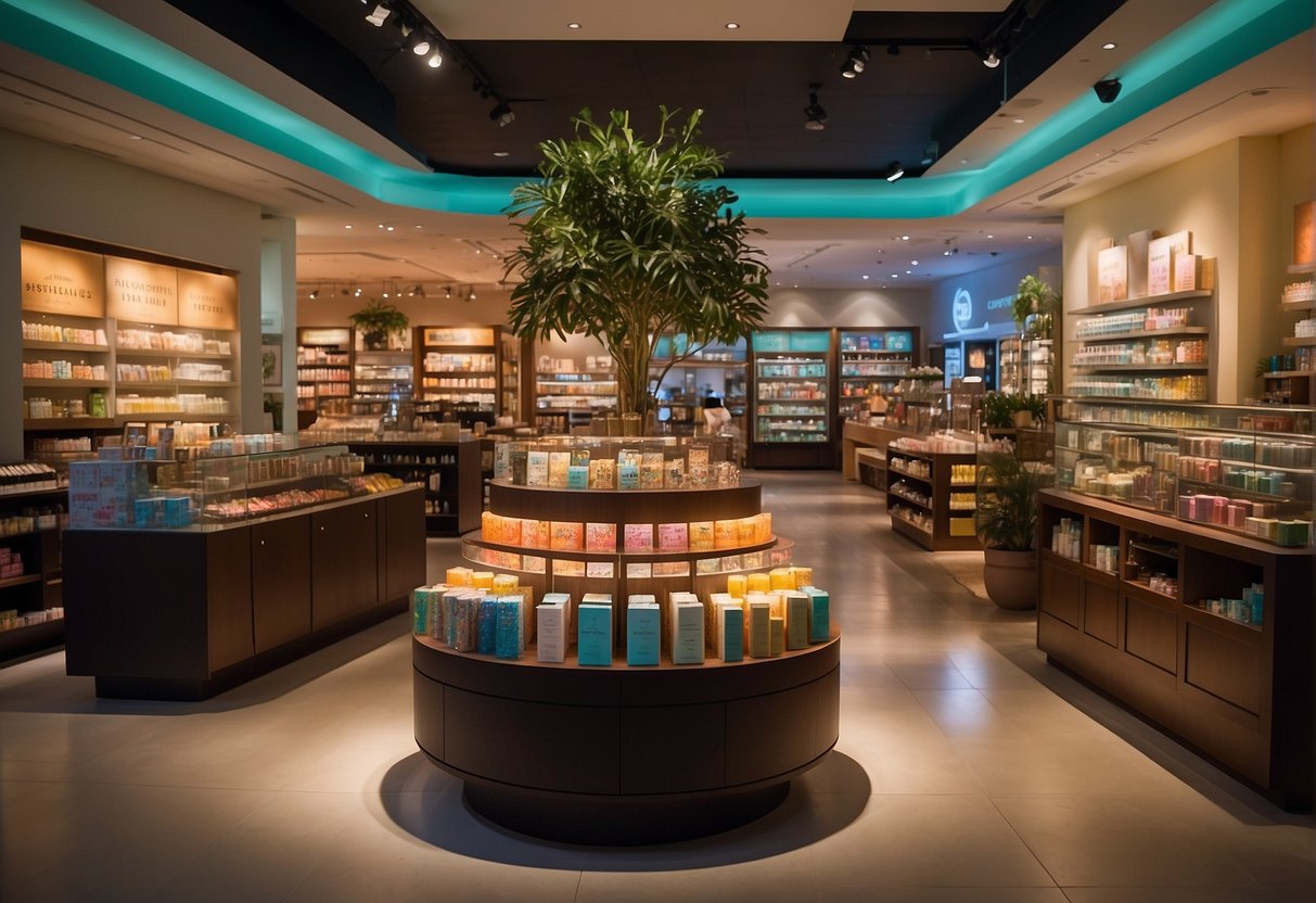 The scene is set in a vibrant store with colorful promotional displays for Crabtree and Evelyn products in Singapore. Bright lights illuminate the enticing offers, while customers browse and interact with the enticing products