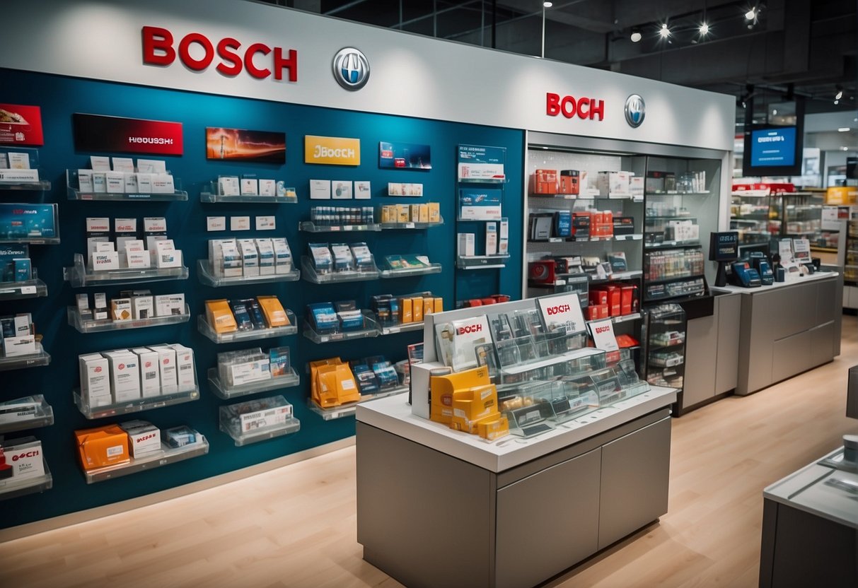 A vibrant display of Bosch products with promotional signage in a bustling Singapore retail store