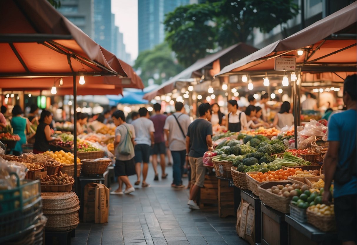 A bustling marketplace with various vendors and customers browsing through items with "Frequently Asked Questions carousell promo singapore" banners displayed prominently