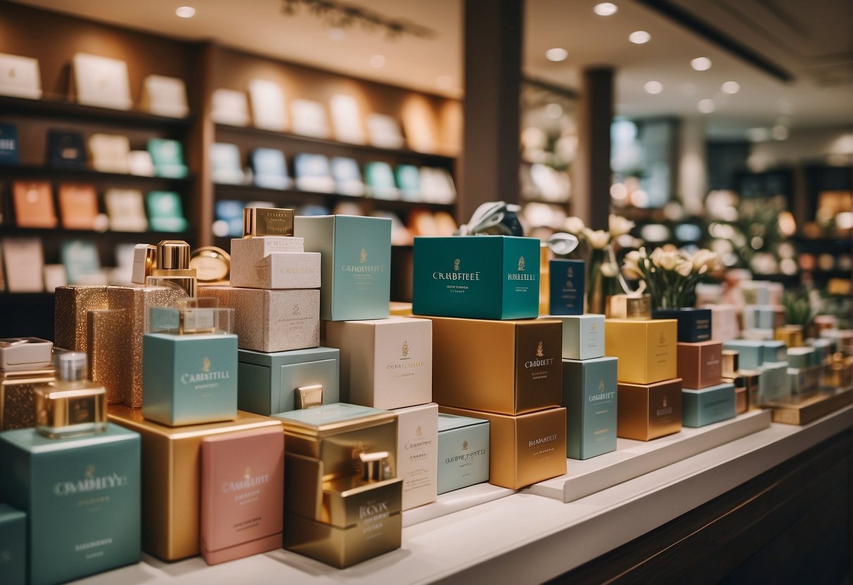A stack of promotional materials and products from Crabtree and Evelyn in a bustling Singapore storefront