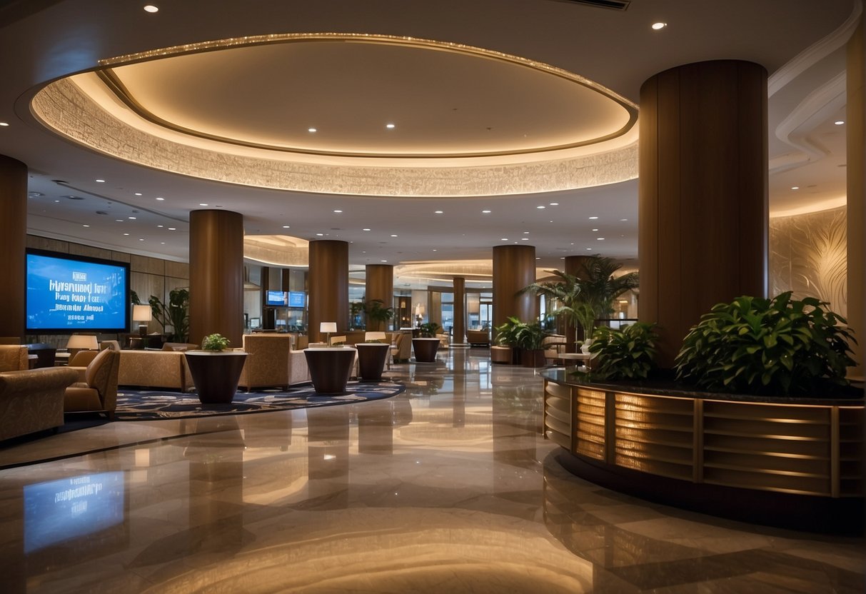A bustling hotel lobby in Hong Kong with a prominent "Frequently Asked Questions" sign, surrounded by promotional materials for Disney and Singapore