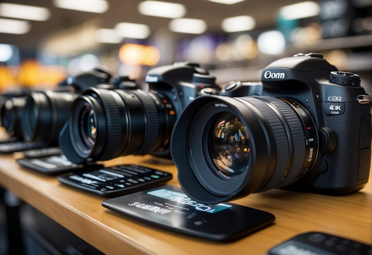 A DSLR camera displayed in a brightly lit electronics store with promotional banners and price tags in the foreground