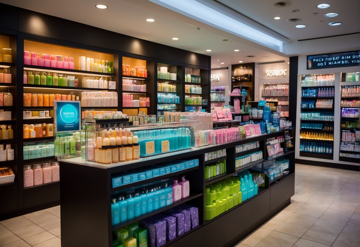 A colorful display of Bath and Body Works promotions in Singapore. Various scented products arranged neatly on shelves with vibrant signage