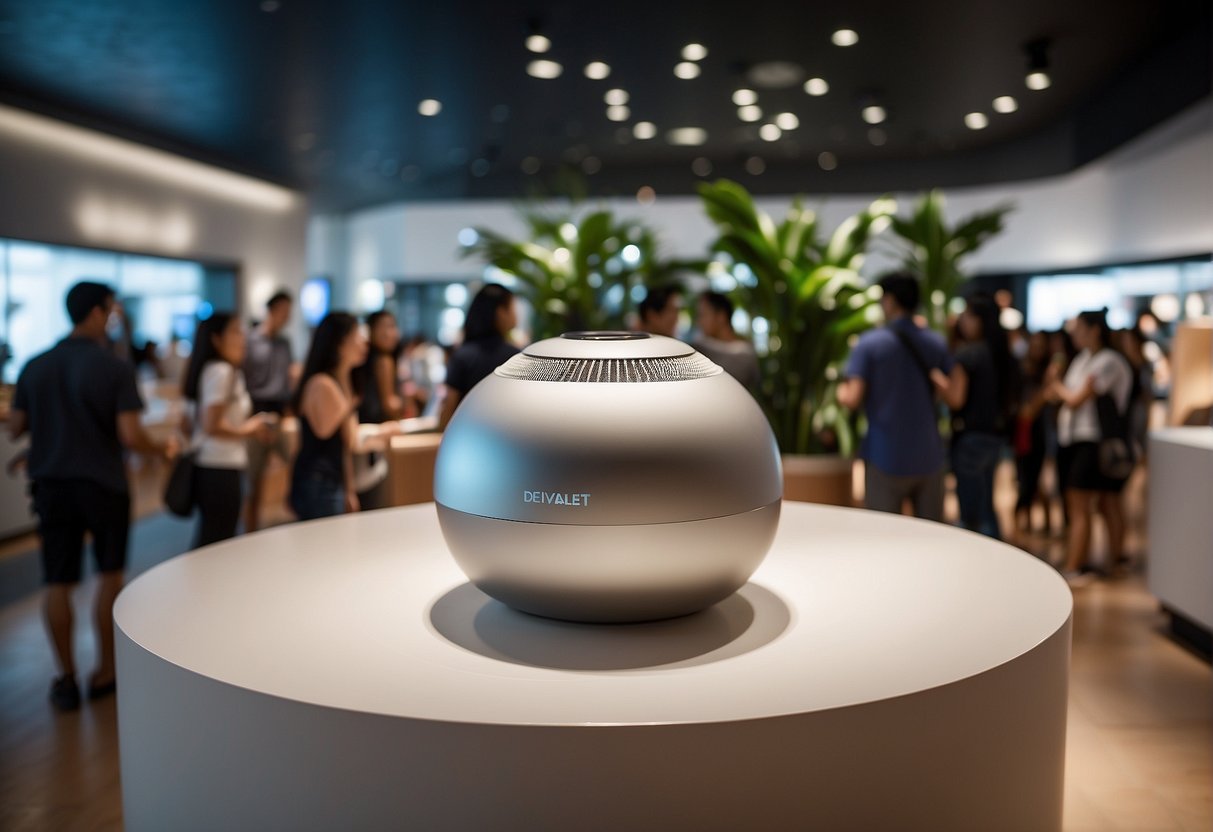 A crowd gathers around a sleek Devialet speaker in a vibrant Singapore mall, with bright promotional banners and excited customers
