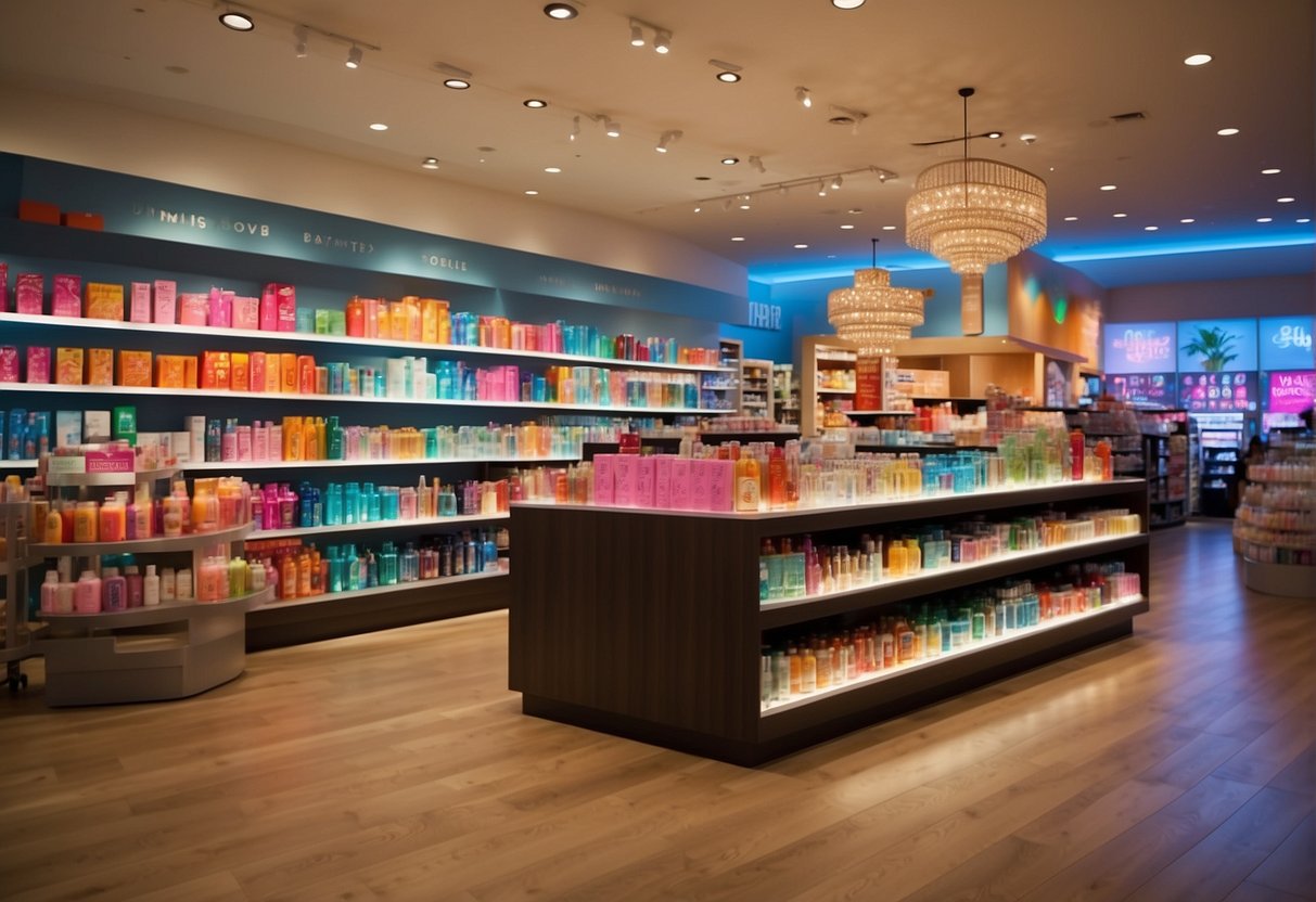 Brightly lit Bath and Body Works store with eye-catching "Unmissable Promotions" signage. Colorful displays of products and excited shoppers browsing the shelves
