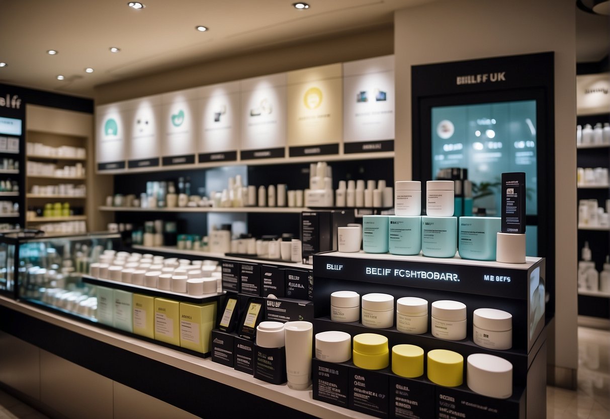 A colorful display of belif skincare products with promotional signs in a bustling Singaporean store