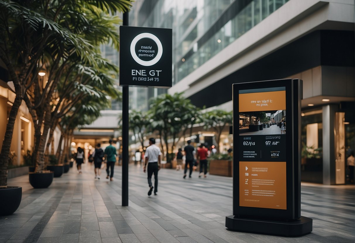 A bustling Singapore street with a prominent "Frequently Asked Questions" sign next to a sleek Devialet promotions display