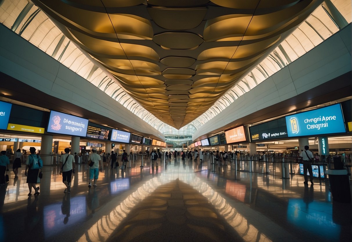 Colorful banners and signs promoting Changi Airport in Singapore, surrounded by bustling travelers and modern architecture