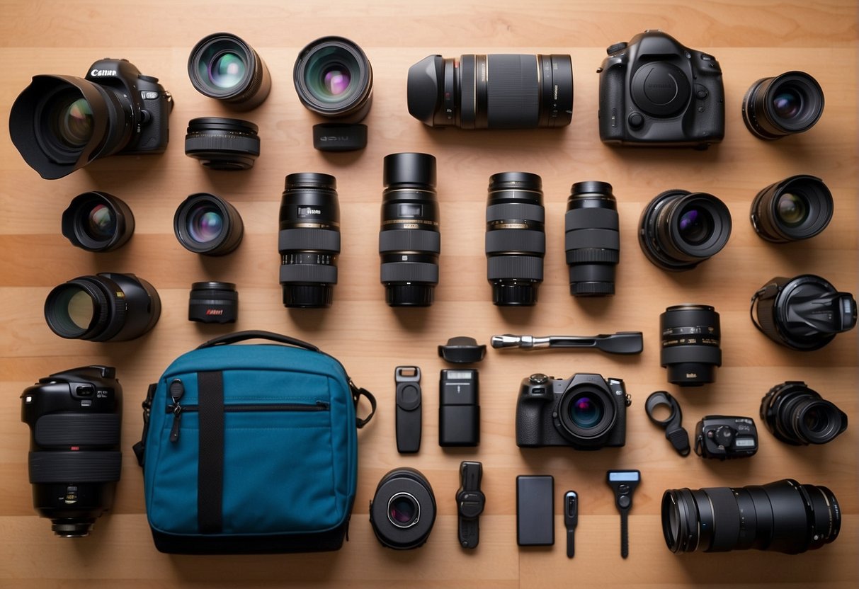 A table with a variety of camera lenses, tripods, camera bags, and memory cards. A camera strap and lens cleaning kit are also displayed