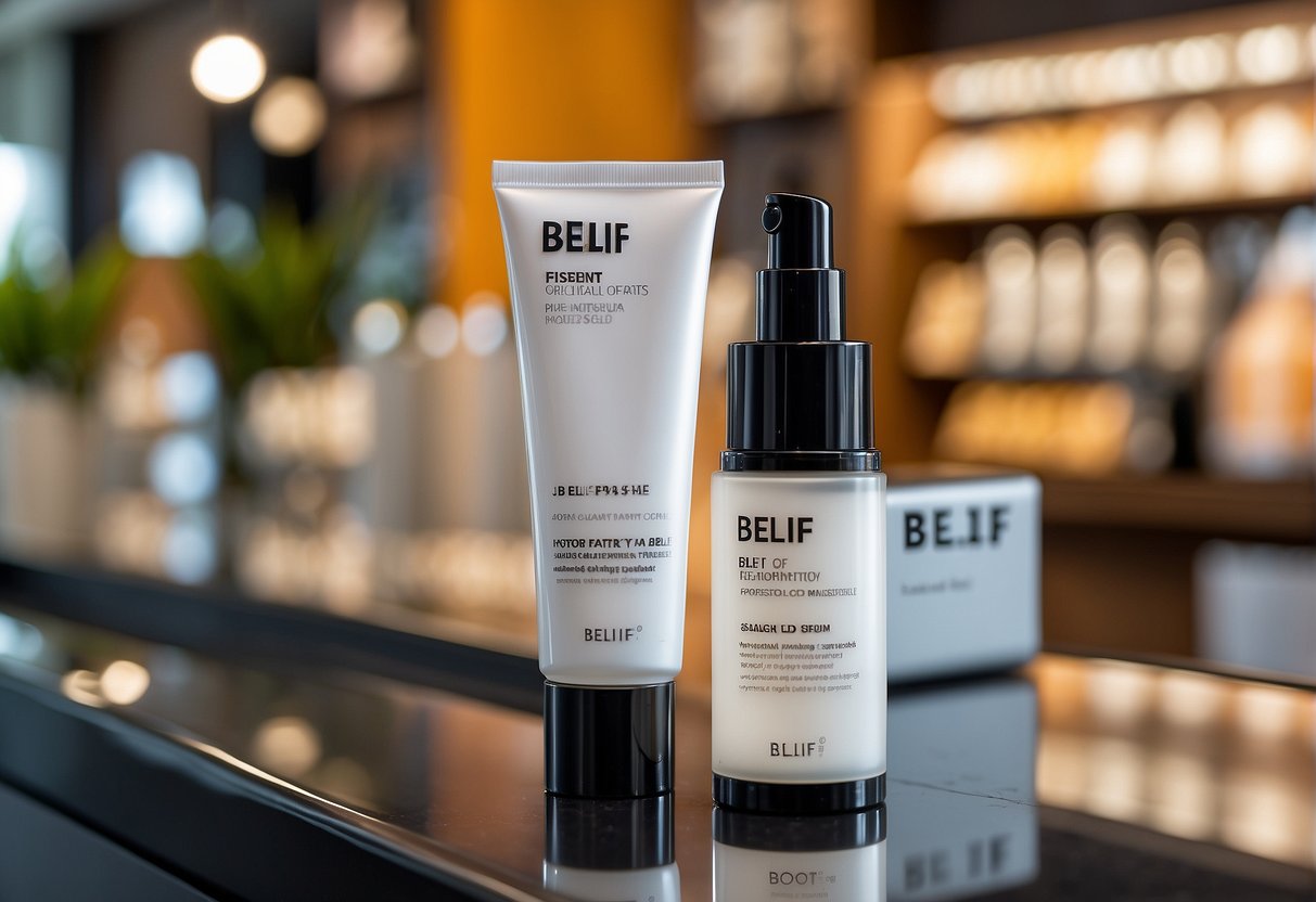 A vibrant display of Belif Anti-Ageing Serum with promotional signage in a sleek Singapore storefront