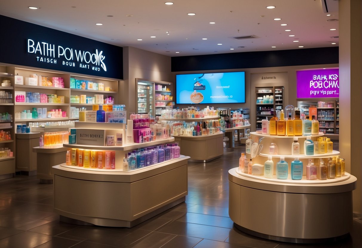 A display of Bath and Body Works promotions in Singapore, featuring various products and signage with frequently asked questions