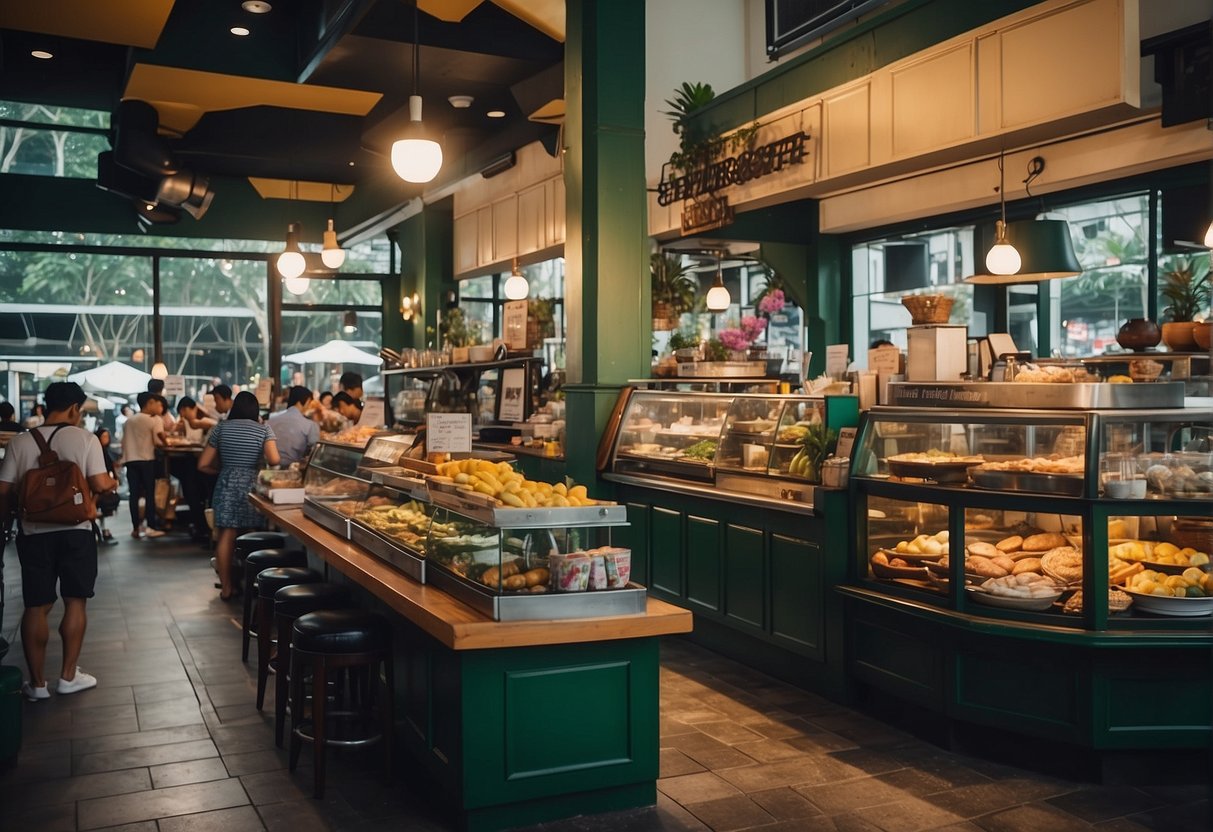 The bustling Ellenborough Market Café in Singapore showcases colorful promotions, with vibrant signage and enticing displays of local cuisine