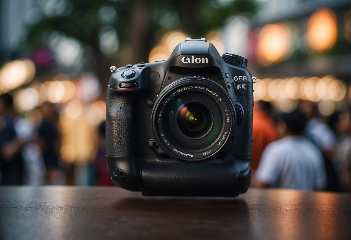 A DSLR camera surrounded by promotional banners and a crowd in Singapore