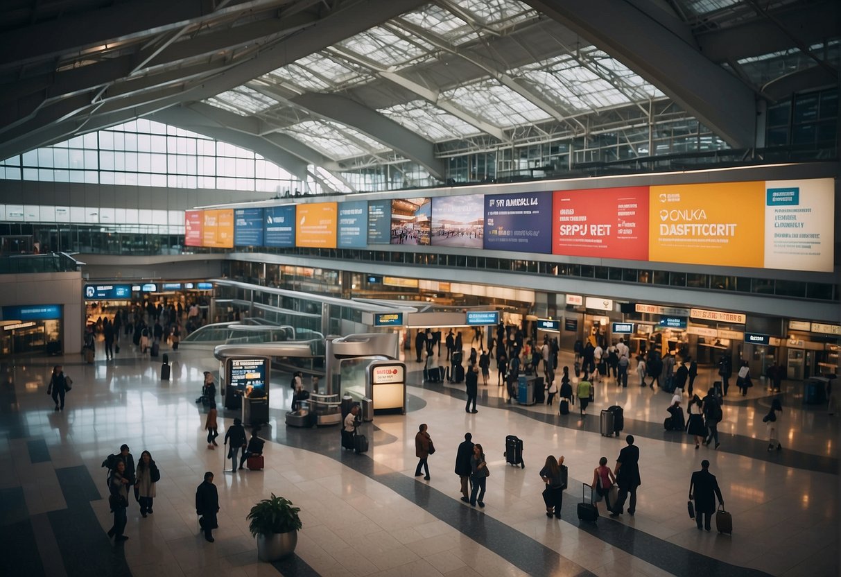 A bustling airport terminal with colorful promotional banners and signs displayed throughout the concourse. Busy travelers and airport staff move about, creating a lively atmosphere