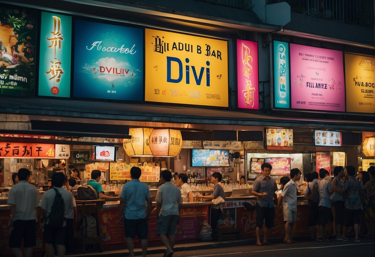 Colorful signs and banners adorn the bustling streets of Singapore, promoting the lively atmosphere of the Divi bar. Bright lights and vibrant decor invite passersby to join in the excitement