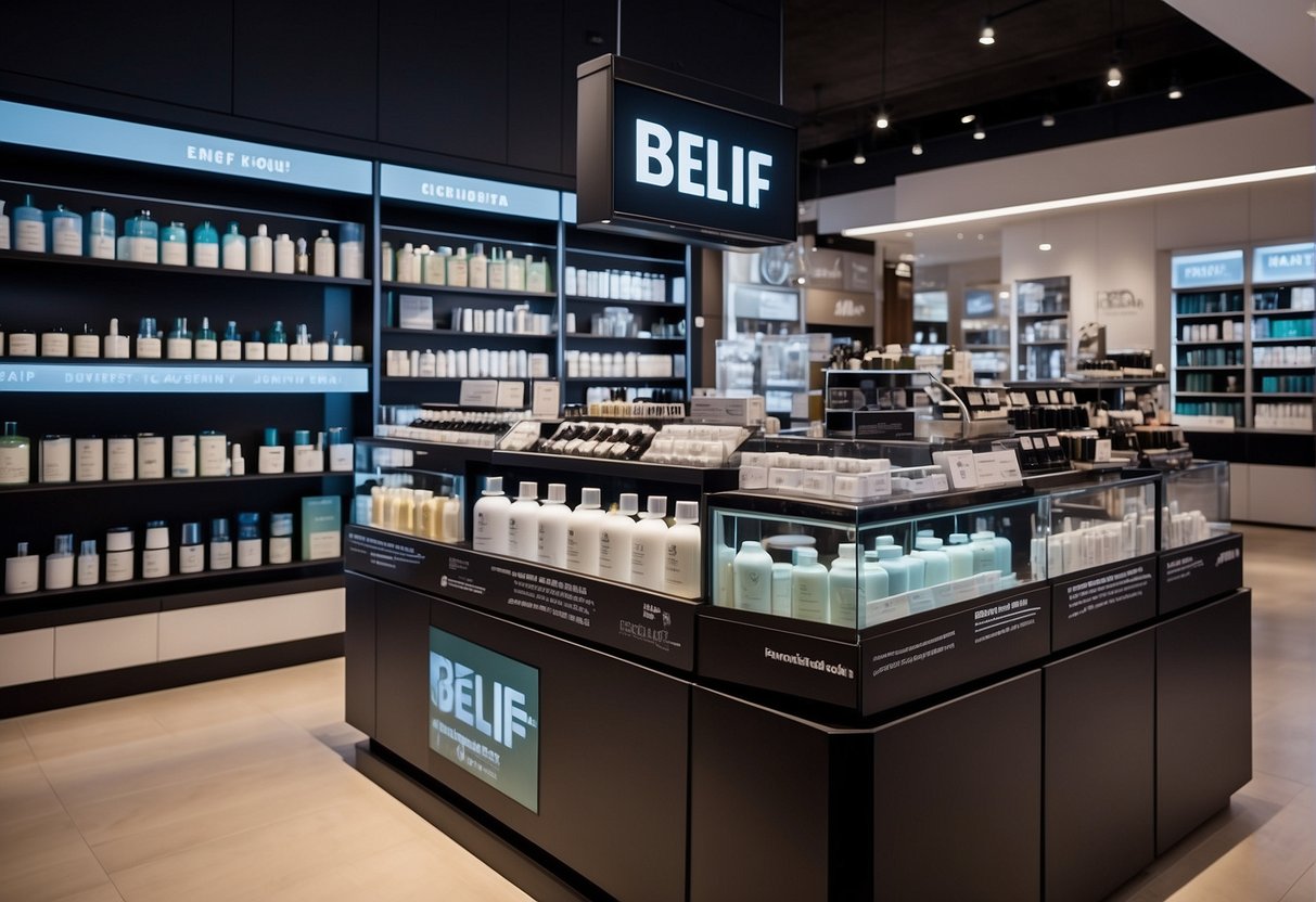 A colorful promotional display featuring belif skincare products with "Frequently Asked Questions" signage in a bustling Singapore store