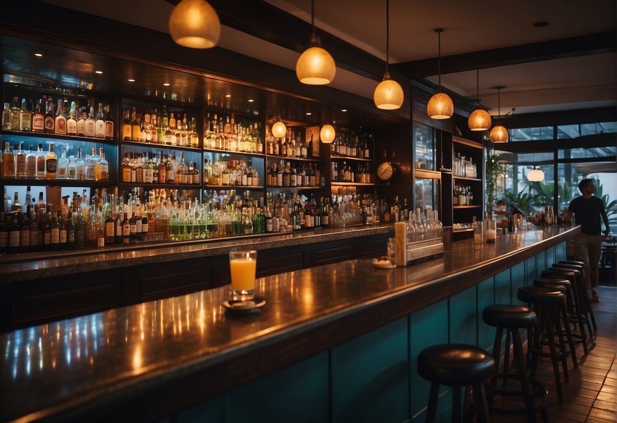 A bustling bar in Singapore showcases the latest Divi promotions with colorful drinks and lively atmosphere