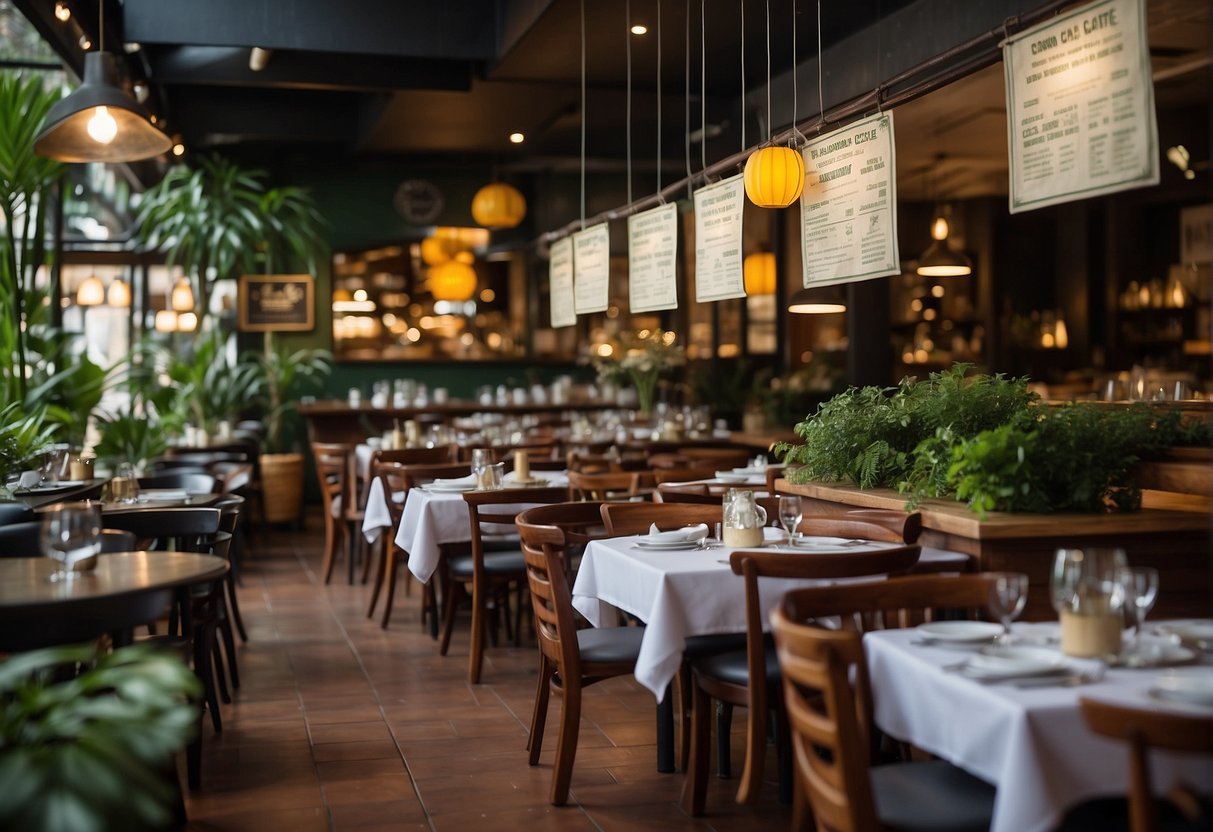 The bustling café is adorned with vibrant banners promoting exquisite dining deals at Ellenborough Market Café in Singapore. Tables are set with elegant tableware, and the aroma of delectable cuisine fills the air