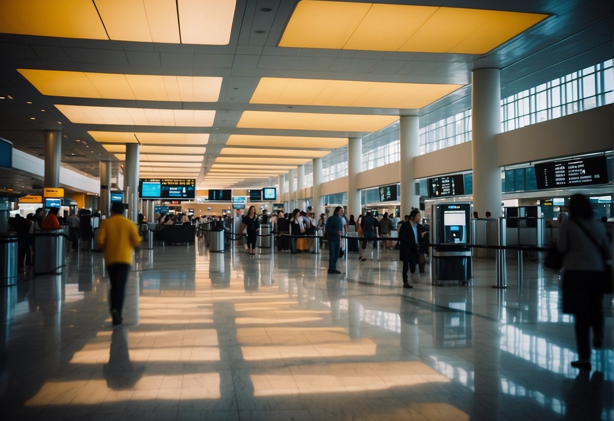 A bustling airport terminal with colorful promotional displays and excited travelers taking advantage of special offers