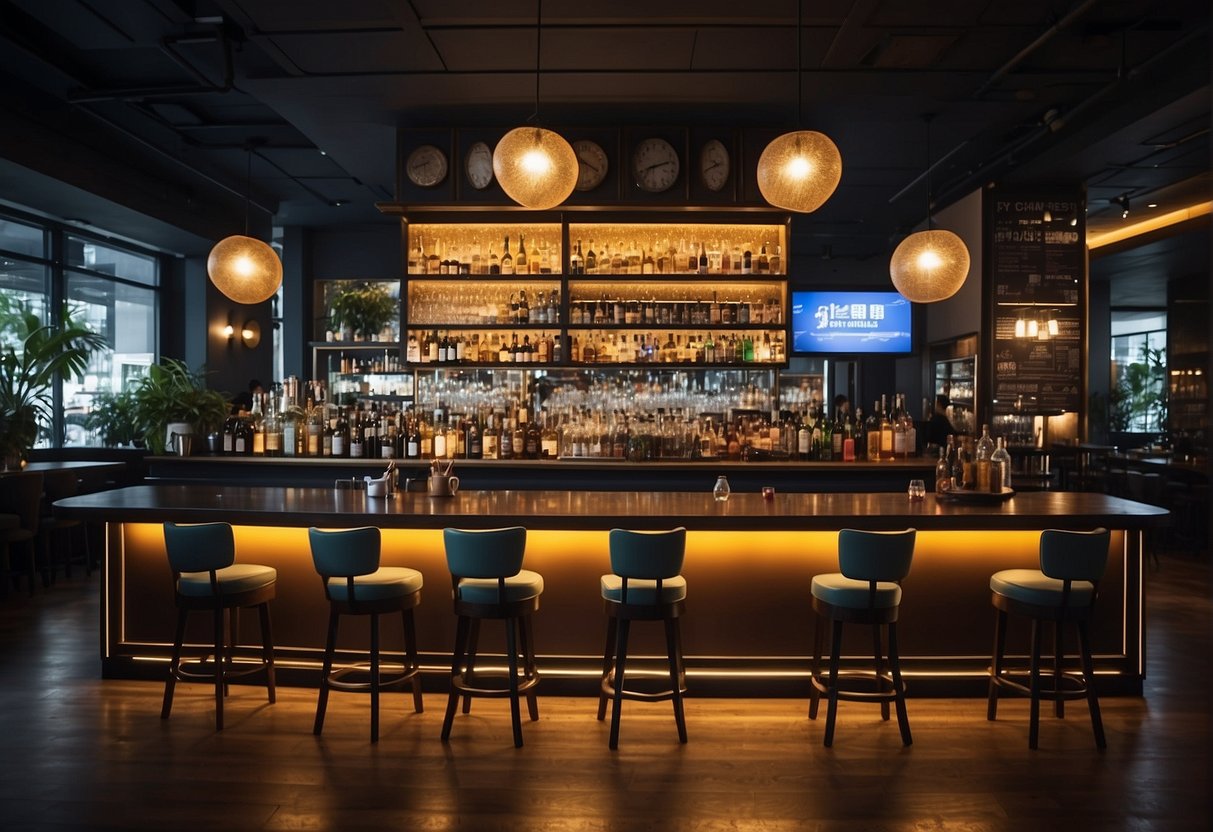 A crowded bar in Singapore with a prominent "Frequently Asked Questions" divi bar promotion display. Bright lights and lively atmosphere