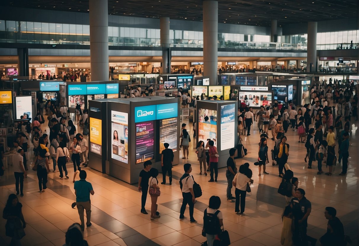 A crowd of people gathering around promotional displays at Changi Airport in Singapore, with signs and banners advertising various promotions and deals