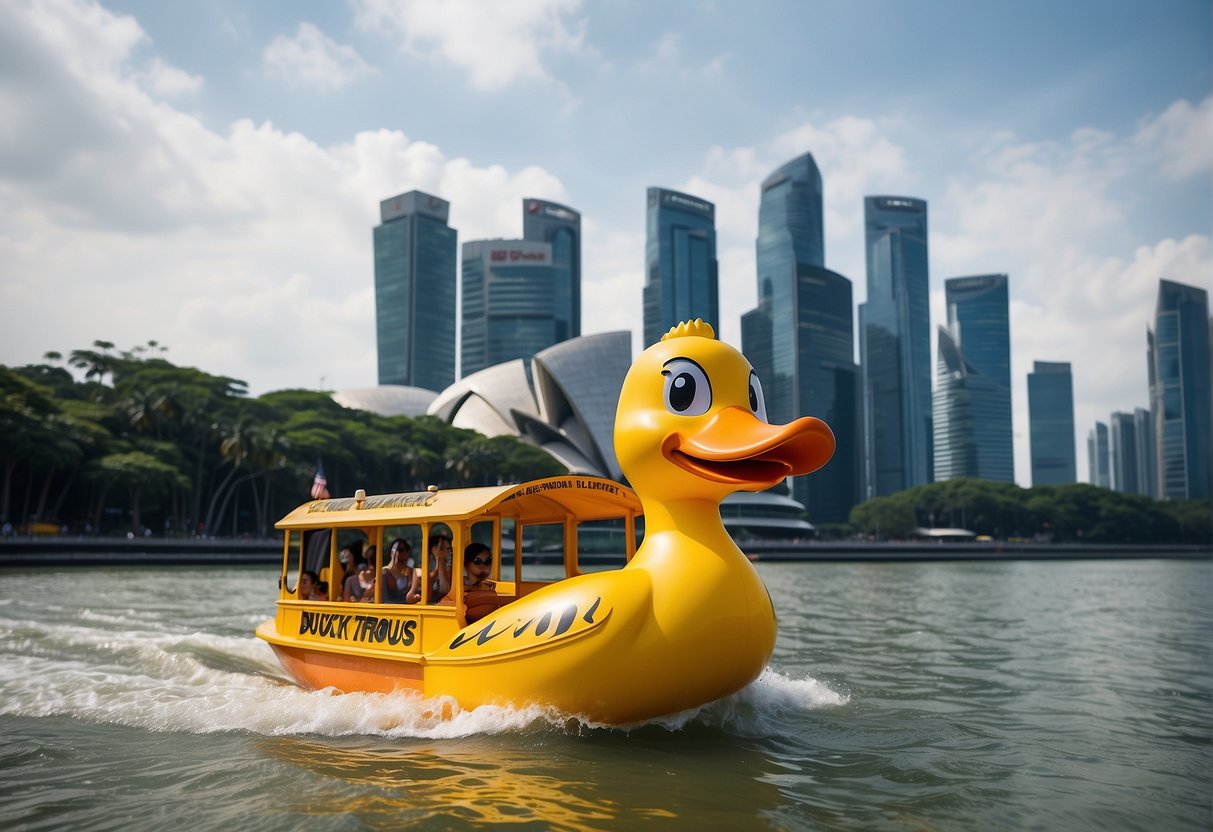 A brightly colored duck-shaped boat cruises through the scenic waterways of Singapore, with a backdrop of iconic landmarks and a promotional banner for duck tours