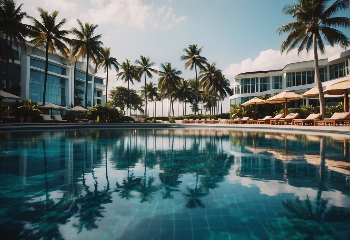 A vibrant beachfront with palm trees, a crystal-clear swimming pool, and a luxurious resort building overlooking the ocean in Singapore
