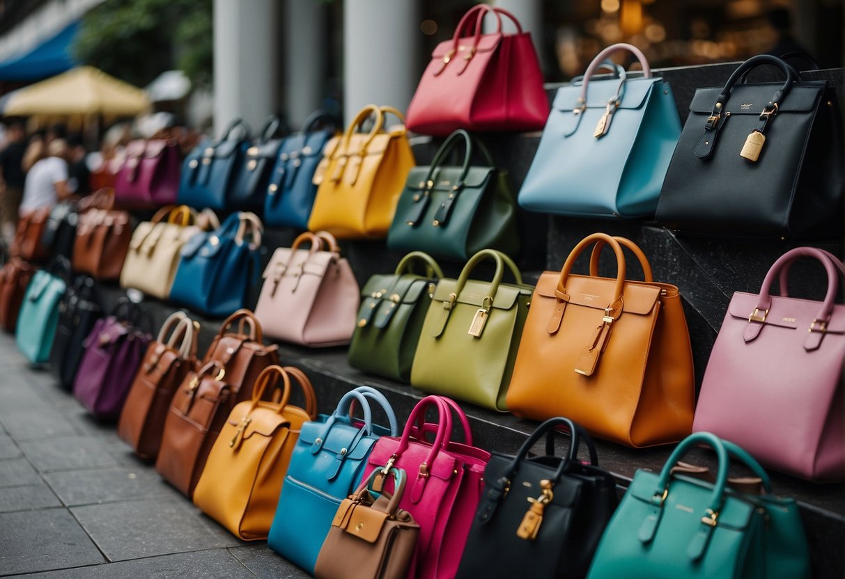A colorful array of branded bags fill a bustling Singapore street market, enticing shoppers with promotional deals