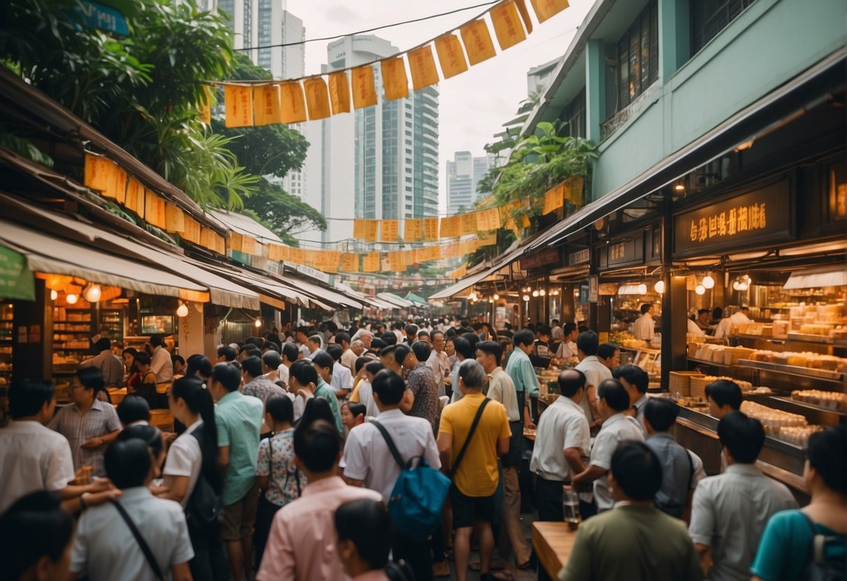 A bustling market café in Singapore, with colorful promotional banners and a crowd of people asking questions