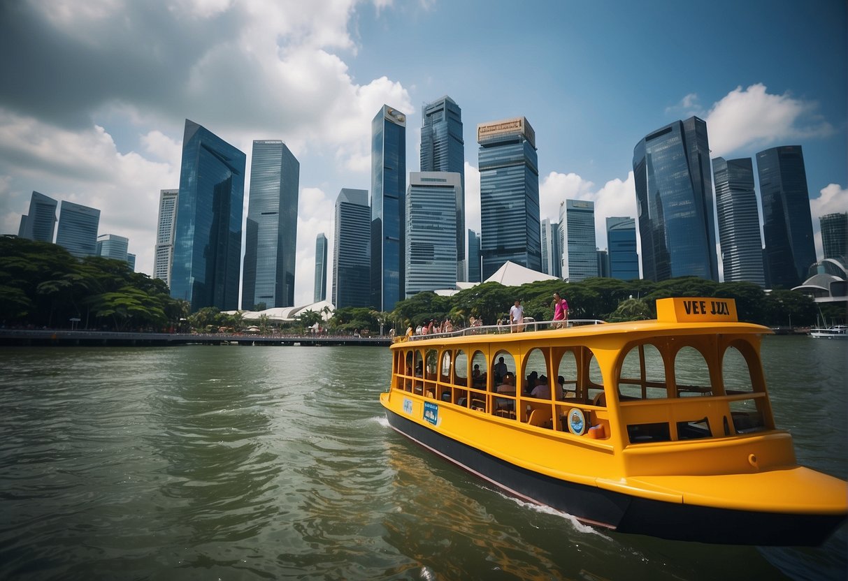 A colorful duck tour boat cruises through the iconic landmarks of Singapore, with the city skyline in the background