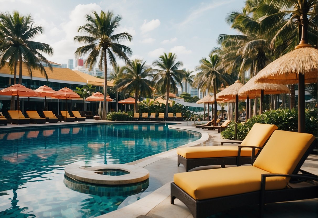 A serene beach with palm trees, a crystal-clear pool, and colorful cabanas at D'Resort Singapore