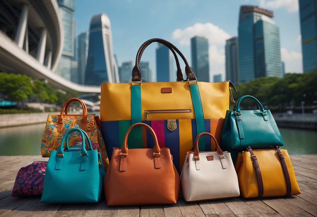 A colorful bag bursting with promotional items, surrounded by Singaporean landmarks and symbols