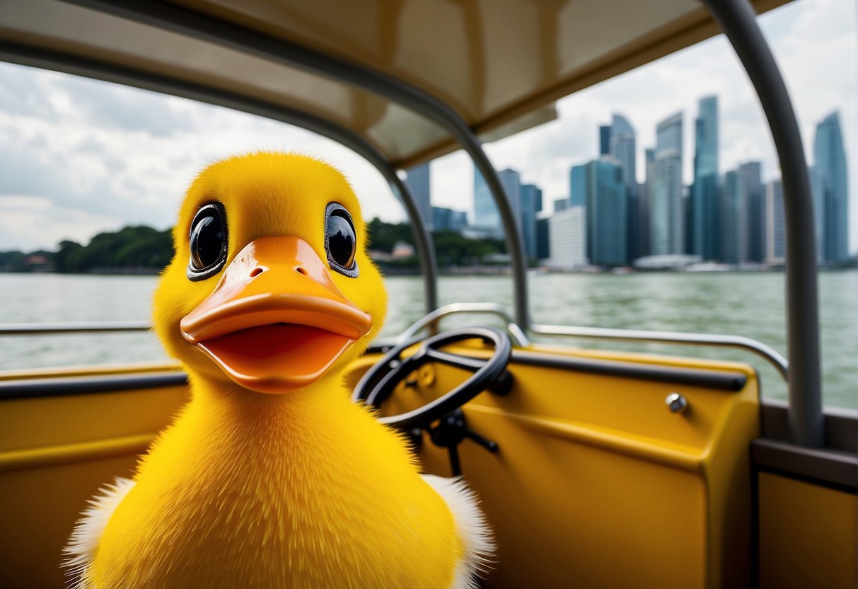 A bright yellow duck tour boat cruises through the waters of Singapore, passing by iconic landmarks and attractions on land